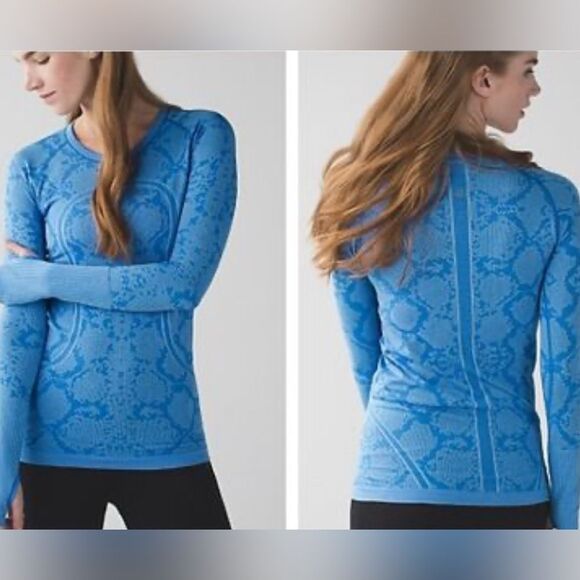 Lululemon Size 8 Swiftly Tech Long Sleeve Bright Blue Scale Print Athletic Rare - Picture 1 of 8